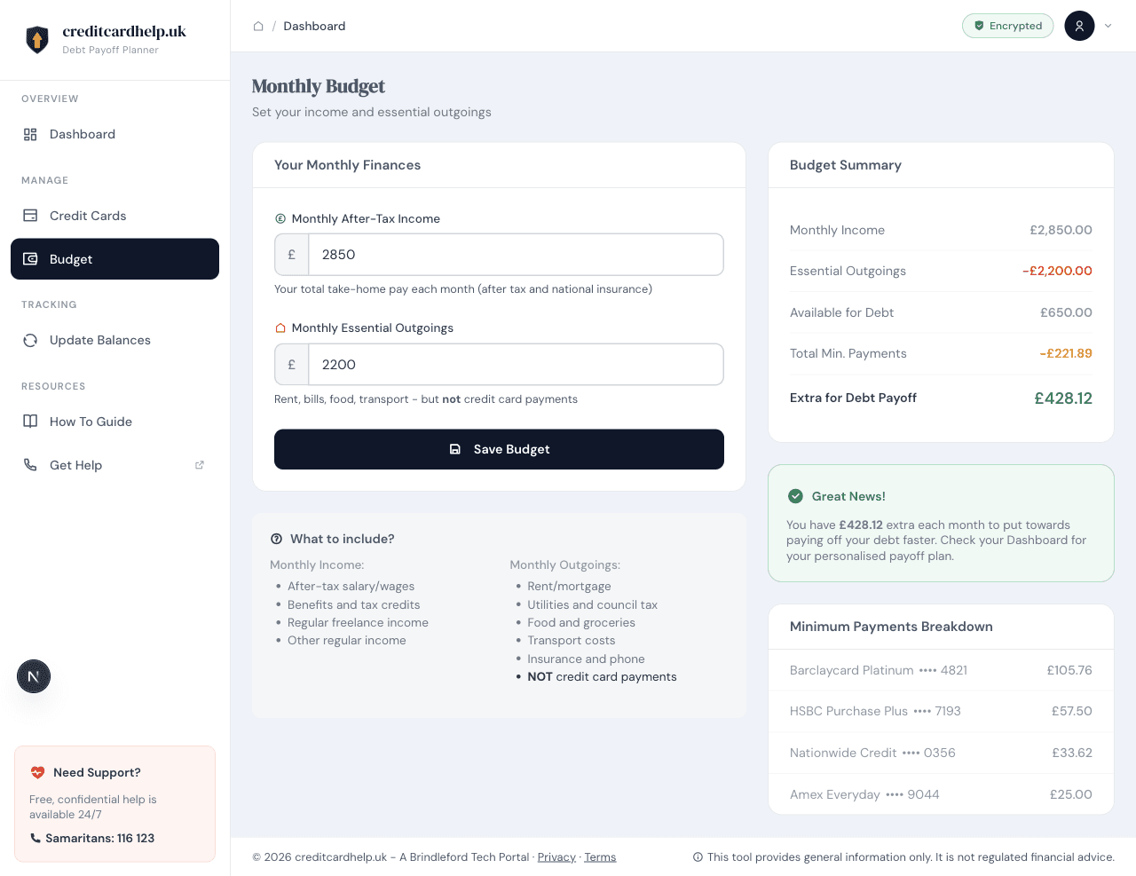 Full budget page showing form, summary, guidance, and minimum payments breakdown