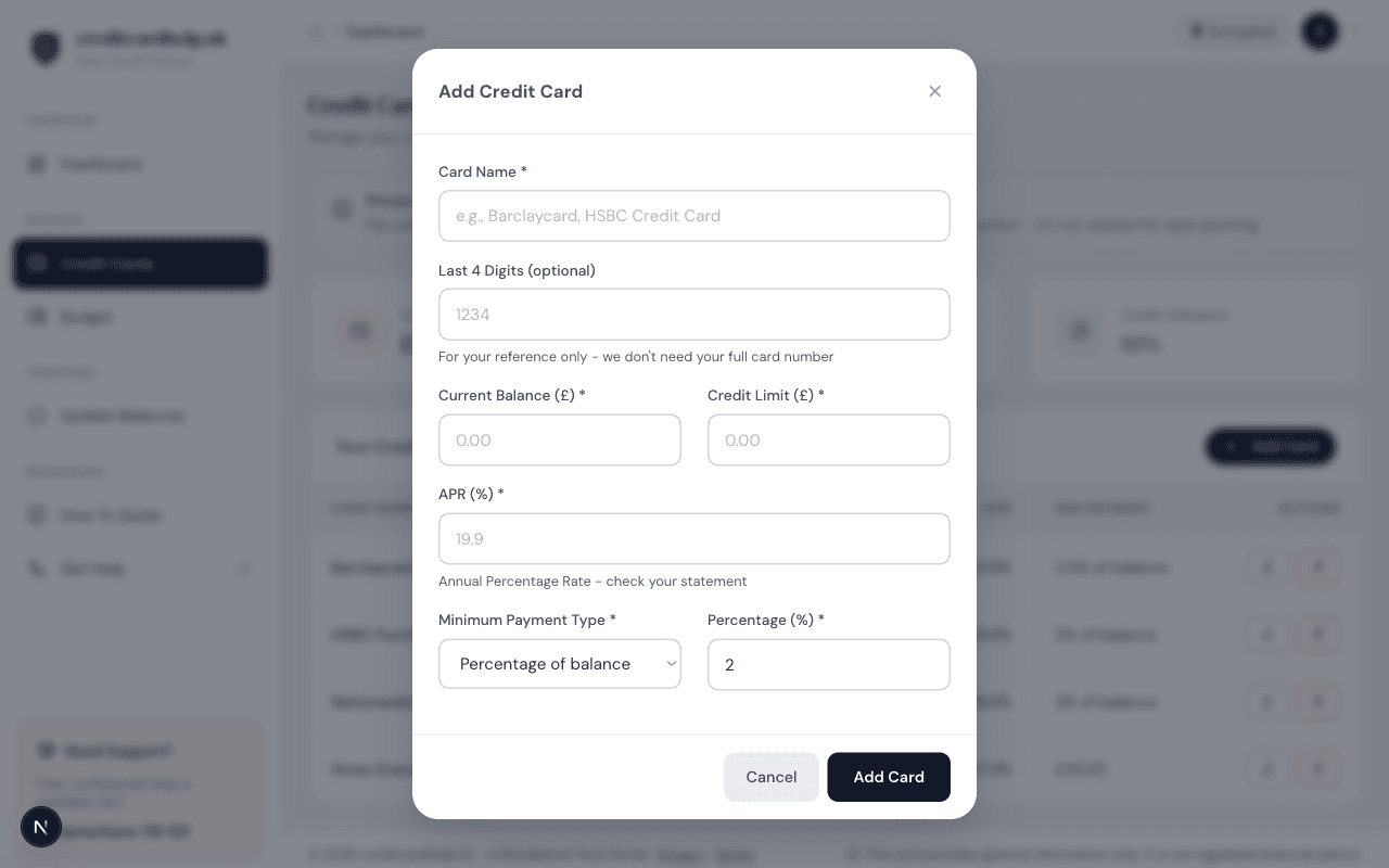 Add credit card modal with fields for name, balance, APR, and minimum payment