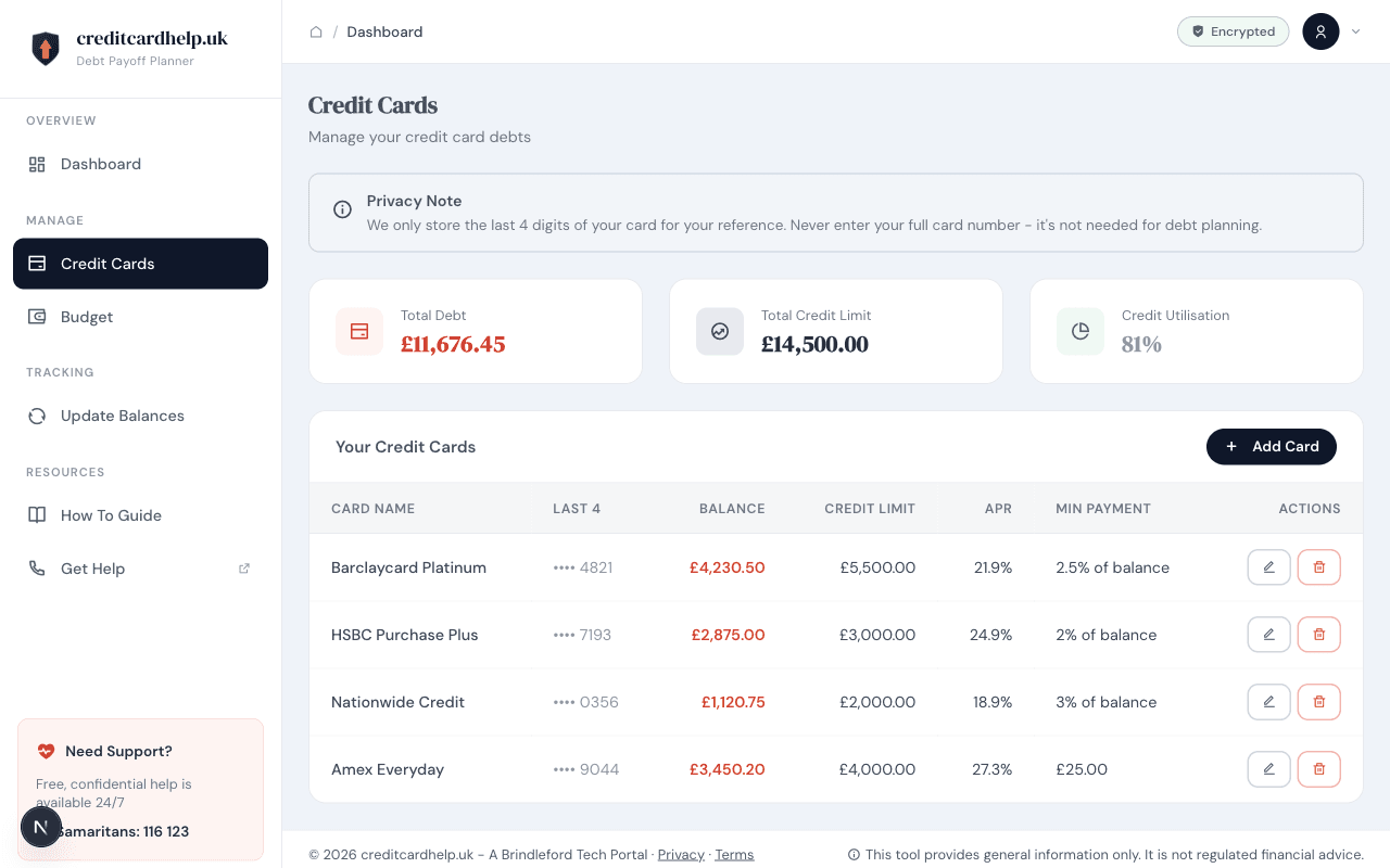 Credit cards page showing card list with balances, APRs, and actions