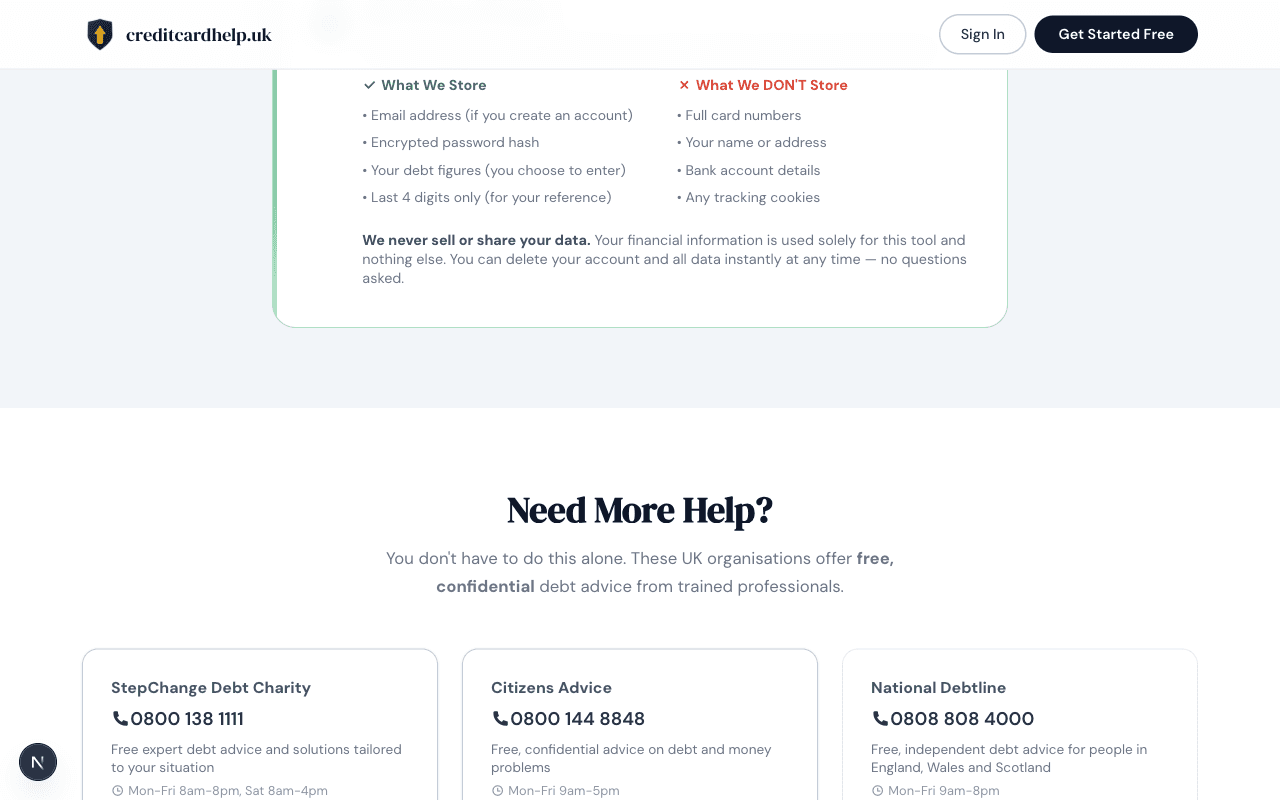 Privacy promise section showing what data is and isn't stored