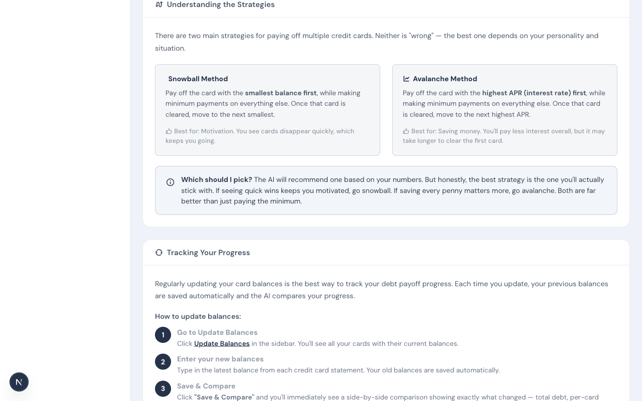 Snowball vs Avalanche strategy explanation with side-by-side cards