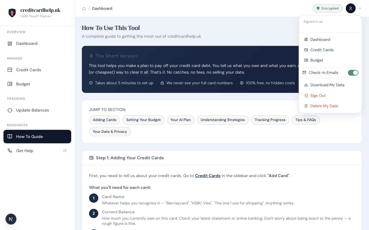 Profile dropdown showing email, navigation links, check-in emails toggle, download data, sign out, and delete data options