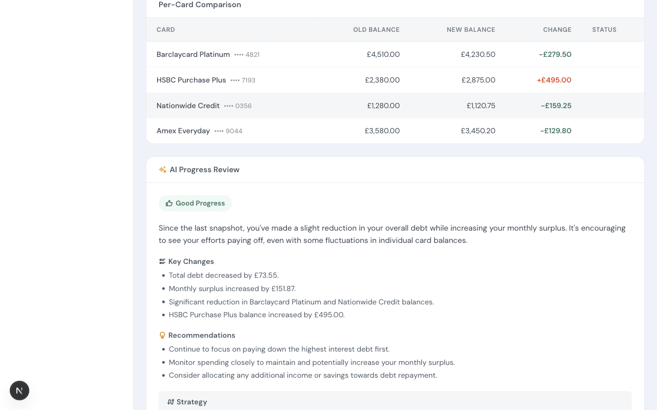 Per-card comparison table and AI progress review with recommendations