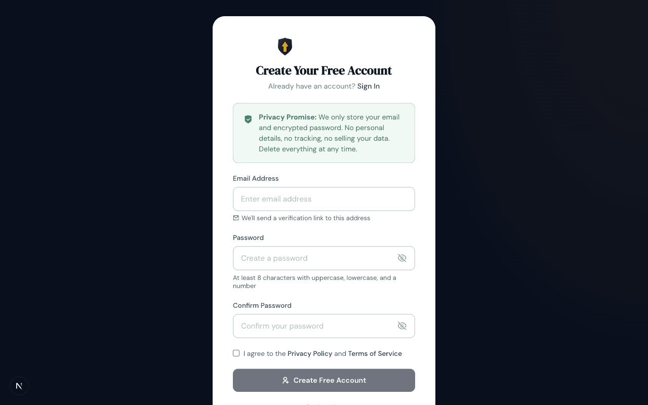 Registration page showing email and password fields with privacy promise