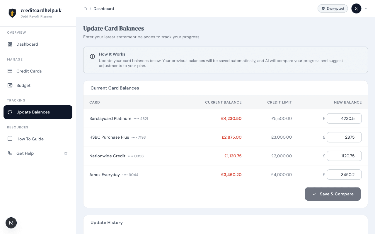 Update balances page with current balances and input fields for new balances
